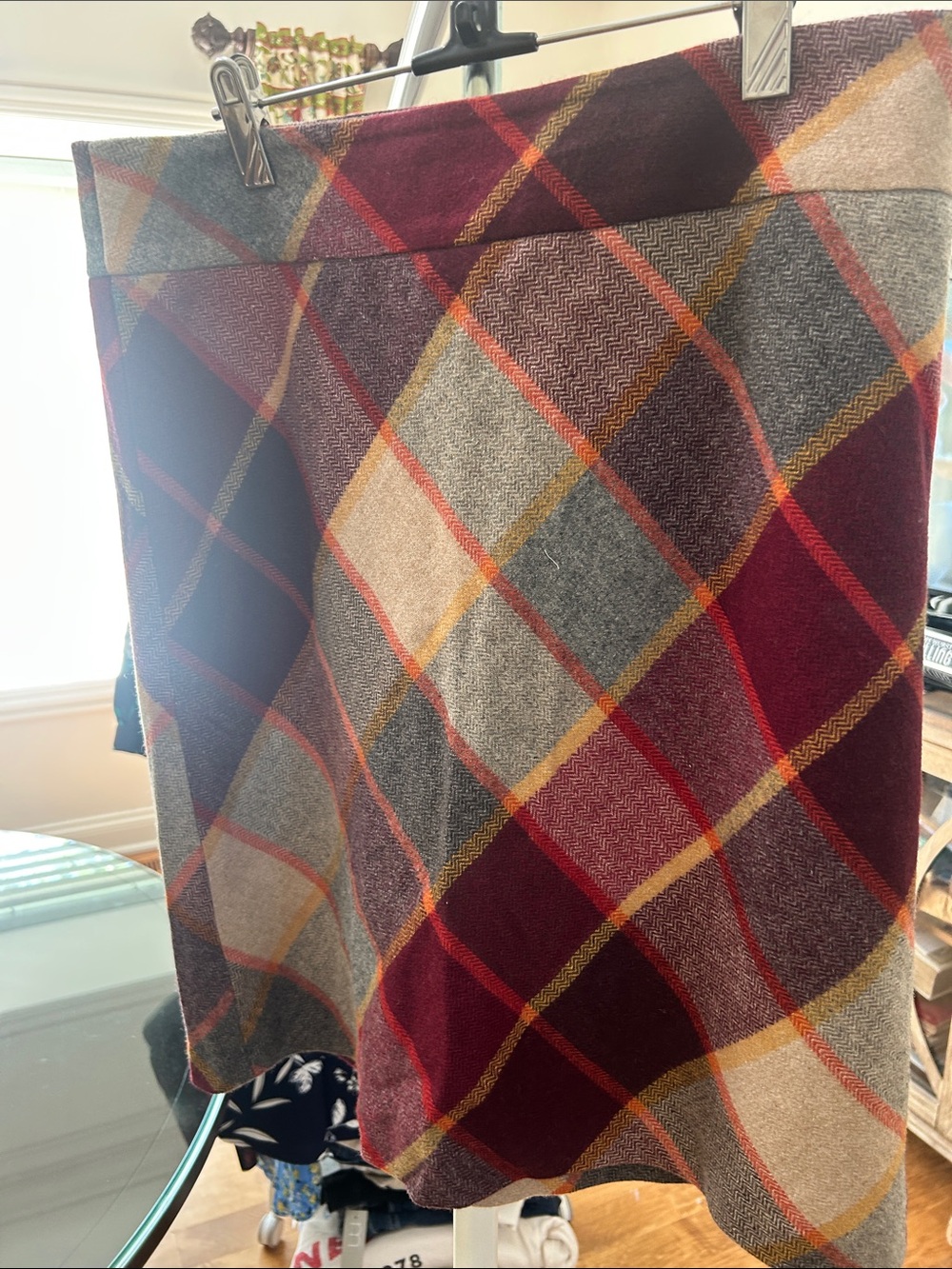Talbots Burgundy and Gray Plaid A-Line Skirt with Gold Accents